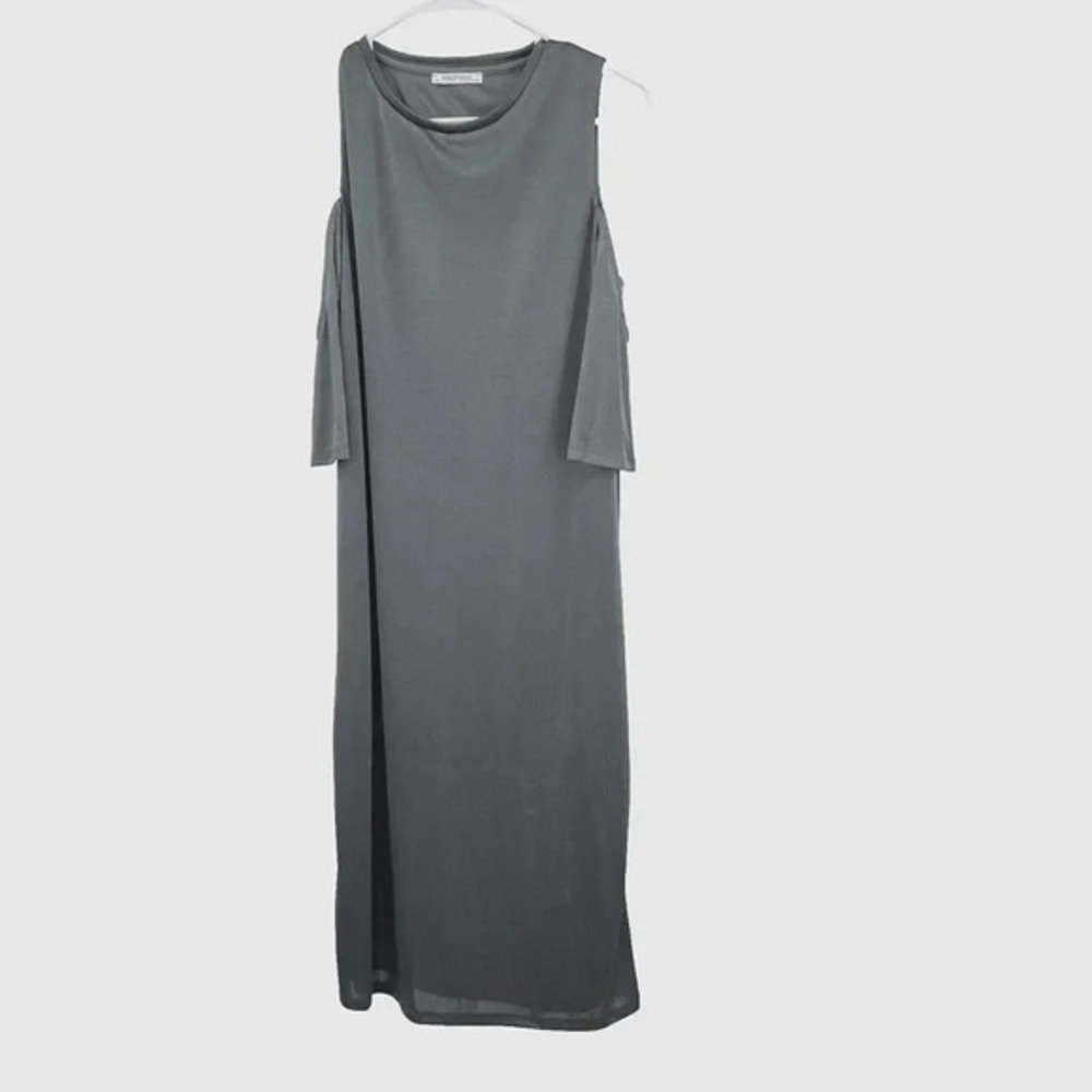 Zara Pullover Cold Shoulder Shift Midi Dress Size S Gray Satin-Feel Sleek Dressy
